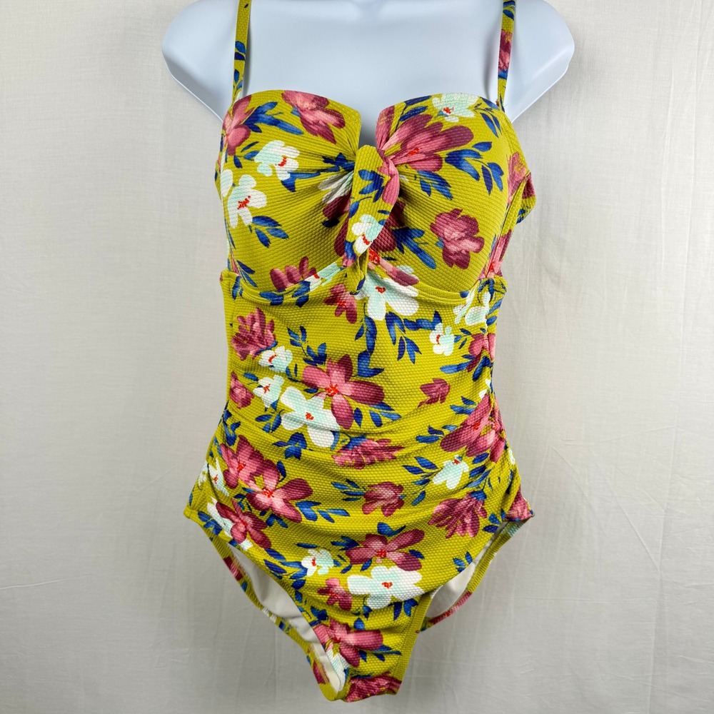 Kona Sol Yellow Floral Ruched One Piece Swimsuit Sweetheart Neck Size M